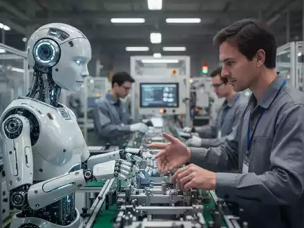 Ein humanoider Roboter und ein Mensch arbeiten gemeinsam an einer Montagelinie in einer modernen Fabrik. - Foto: über boerse-global.de