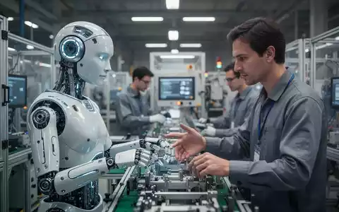 Ein humanoider Roboter und ein Mensch arbeiten gemeinsam an einer Montagelinie in einer modernen Fabrik. - Foto: über boerse-global.de