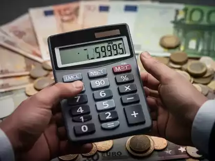 Eine Hand hält einen Taschenrechner, der negative Zahlen anzeigt, mit verschwommenen Euro-Banknoten und Münzen im Hintergrund. - Foto: über boerse-global.de