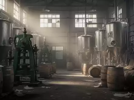 Ein düsteres, verlassenes Brauerei-Interieur mit leeren Fässern und staubiger Industriemaschinerie, das die Schließung und den Arbeitsplatzverlust symbolisiert. - Foto: über boerse-global.de