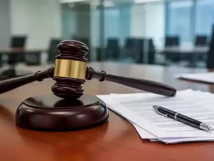Ein Nahaufnahme eines Holzhammers auf einem Schreibtisch neben Rechtsdokumenten und einem Stift, der die Themen Recht, Finanzen und Unternehmen hervorhebt. - Foto: ĂŒber boerse-global.de