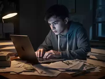 Ein Student lernt nachts an einem Schreibtisch, umgeben von Büchern und einem Laptop, der sein Gesicht beleuchtet. - Foto: über boerse-global.de