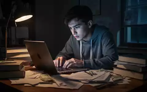 Ein Student lernt nachts an einem Schreibtisch, umgeben von Büchern und einem Laptop, der sein Gesicht beleuchtet. - Foto: über boerse-global.de