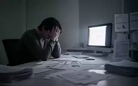 Eine Person sitzt allein an einem Schreibtisch in einem schwach beleuchteten Büro, den Kopf in den Händen, umgeben von Dokumenten. - Foto: über boerse-global.de