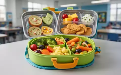 Eine bunte, gesunde Brotbox gefüllt mit kindgerechten Lebensmitteln, auf einem verschwommenen Hintergrund einer Schule oder Küche. - Foto: über boerse-global.de