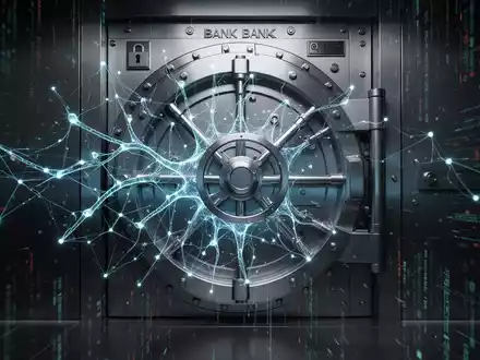 Leuchtendes neuronales Netz über einer Banktresortür, symbolisiert KI-Einfluss auf Cybersicherheitsrisiken. - Foto: über boerse-global.de