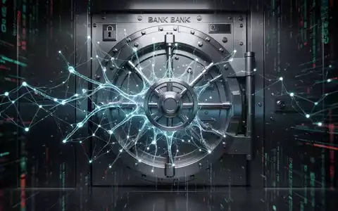 Leuchtendes neuronales Netz über einer Banktresortür, symbolisiert KI-Einfluss auf Cybersicherheitsrisiken. - Foto: über boerse-global.de