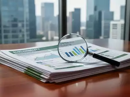Ein Stapel Finanz- und Nachhaltigkeitsberichte mit einer Lupe, die ESG-Daten hervorhebt. Im Hintergrund eine Bürogebäudekulisse. - Foto: über boerse-global.de