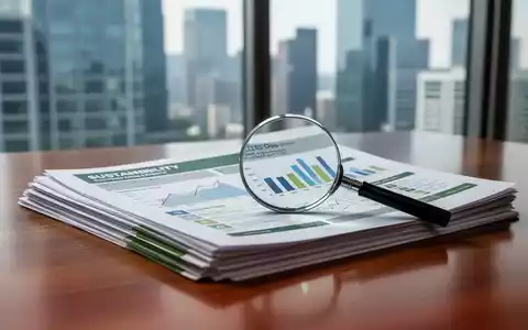 Ein Stapel Finanz- und Nachhaltigkeitsberichte mit einer Lupe, die ESG-Daten hervorhebt. Im Hintergrund eine Bürogebäudekulisse. - Foto: über boerse-global.de