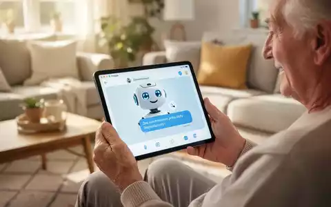 Eine ältere Person hält ein Tablet mit einer freundlichen KI-Chatbot-Oberfläche, die Unterstützung im Alltag symbolisiert. - Foto: über boerse-global.de