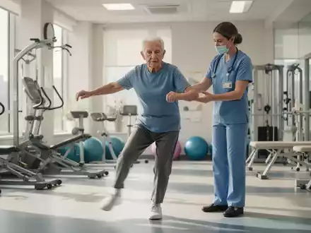 Eine ältere Person, die in einem hellen Fitnessstudio mit einem Physiotherapeuten Gleichgewichtsübungen macht. - Foto: über boerse-global.de