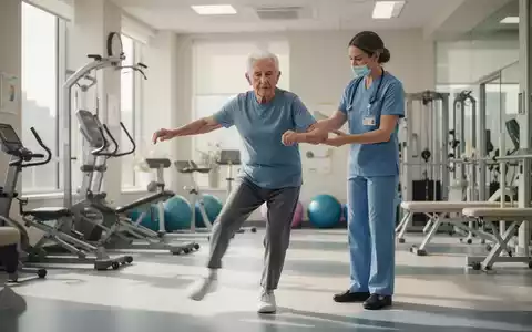 Eine ältere Person, die in einem hellen Fitnessstudio mit einem Physiotherapeuten Gleichgewichtsübungen macht. - Foto: über boerse-global.de