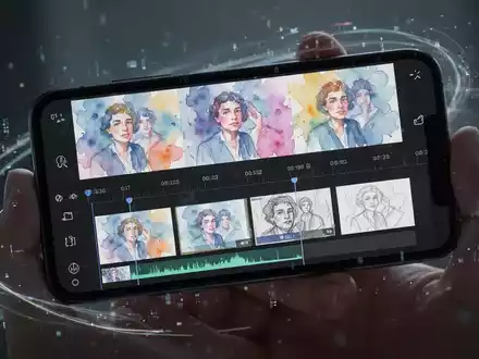 A smartphone screen showing a video being edited with AI, displaying various artistic filters and a timeline. A hand holds the phone. - Foto: über boerse-global.de