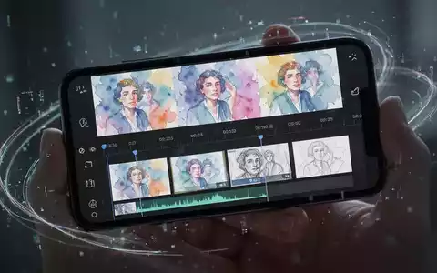 A smartphone screen showing a video being edited with AI, displaying various artistic filters and a timeline. A hand holds the phone. - Foto: über boerse-global.de