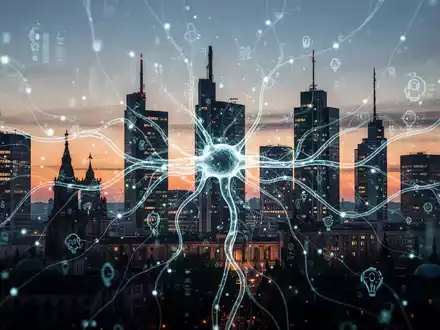 Stilisierte neuronale Netzstruktur über deutscher Finanzskyline bei Sonnenuntergang, symbolisiert KI-Integration. - Foto: über boerse-global.de