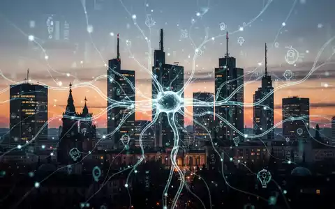Stilisierte neuronale Netzstruktur über deutscher Finanzskyline bei Sonnenuntergang, symbolisiert KI-Integration. - Foto: über boerse-global.de