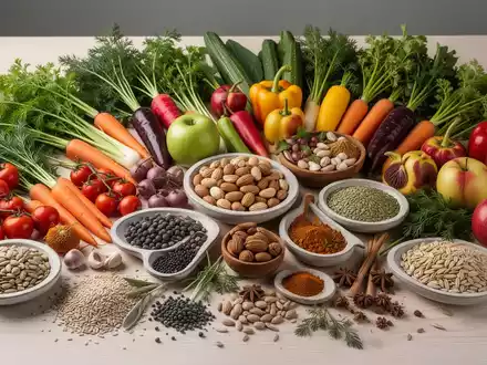 Eine Nahaufnahme einer bunten Auswahl an frischen pflanzlichen Lebensmitteln, darunter Gemüse, Obst, Nüsse und Samen. - Foto: über boerse-global.de