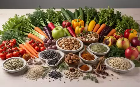 Eine Nahaufnahme einer bunten Auswahl an frischen pflanzlichen Lebensmitteln, darunter Gemüse, Obst, Nüsse und Samen. - Foto: über boerse-global.de