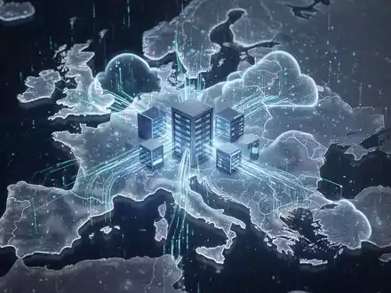 Abstrakte Darstellung von sicheren Cloud-Diensten in der EU, mit leuchtenden Datenströmen, die in einem Datencenter innerhalb einer EU-Kartenkontur zusammenlaufen. - Foto: über boerse-global.de