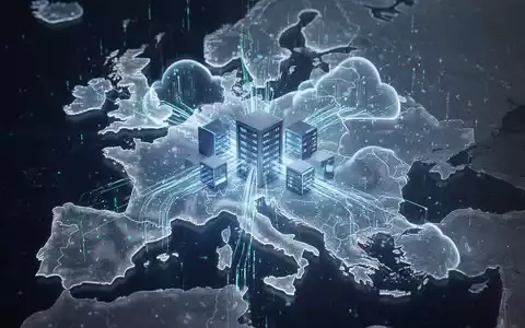 Abstrakte Darstellung von sicheren Cloud-Diensten in der EU, mit leuchtenden Datenströmen, die in einem Datencenter innerhalb einer EU-Kartenkontur zusammenlaufen. - Foto: über boerse-global.de