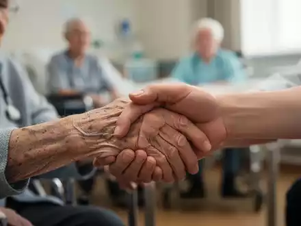 Eine ältere Hand wird von einer jüngeren Hand gehalten, im Hintergrund verschwommen eine Pflegeheimszene, symbolisiert steigende Pflegekosten. - Foto: über boerse-global.de
