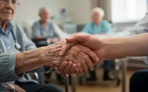 Eine ältere Hand wird von einer jüngeren Hand gehalten, im Hintergrund verschwommen eine Pflegeheimszene, symbolisiert steigende Pflegekosten. - Foto: über boerse-global.de