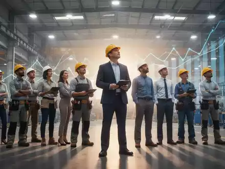 Eine Gruppe von Kleinunternehmern steht selbstbewusst vor einer modernen Fabrik, die Wachstum und Zukunft symbolisiert. - Foto: über boerse-global.de