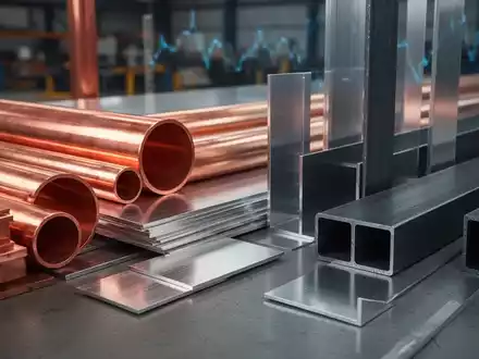 Nahaufnahme verschiedener Industriemetalle wie Kupferrohre, Aluminiumbleche und StahltrĂ€ger, geometrisch angeordnet. - Foto: ĂŒber boerse-global.de