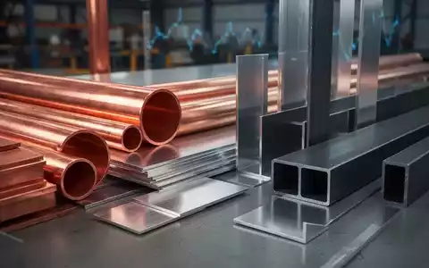 Nahaufnahme verschiedener Industriemetalle wie Kupferrohre, Aluminiumbleche und Stahlträger, geometrisch angeordnet. - Foto: über boerse-global.de