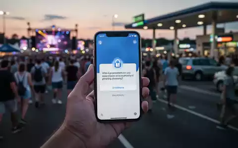 Eine Hand hält ein Smartphone, dessen Bildschirm eine Phishing-Nachricht anzeigt, mit verschwommenem Hintergrund eines Sommerfestes. - Foto: über boerse-global.de