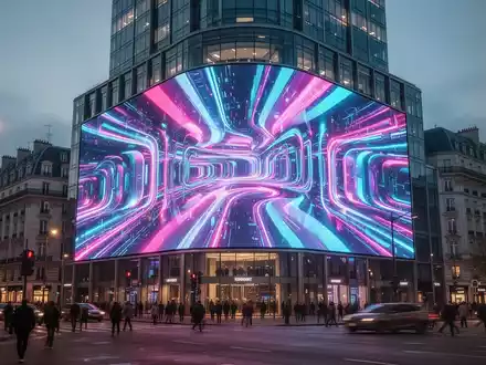 Großflächige, lebendige 3D-LED-Digitalanzeige an moderner Gebäudefassade in belebter europäischer Stadt mit dynamischen, farbenfrohen anamorphen Inhalten. - Foto: über boerse-global.de