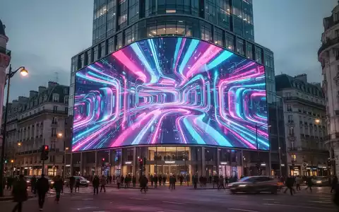 Großflächige, lebendige 3D-LED-Digitalanzeige an moderner Gebäudefassade in belebter europäischer Stadt mit dynamischen, farbenfrohen anamorphen Inhalten. - Foto: über boerse-global.de