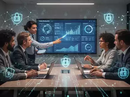 Ein kleines Team arbeitet in einem modernen Büro an einem Laptop, der Cybersicherheitsmetriken anzeigt, symbolisiert den Schutz kleiner Unternehmen. - Foto: über boerse-global.de