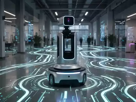 Ein eleganter, moderner autonomer Roboter navigiert durch eine komplexe Innenumgebung, geleitet von leuchtenden digitalen Pfaden. - Foto: über boerse-global.de