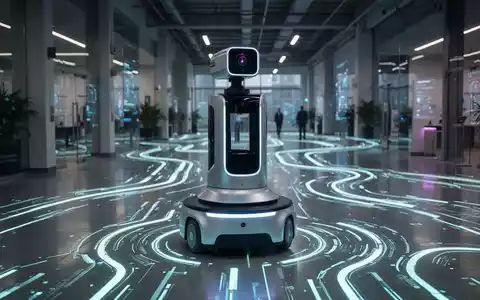Ein eleganter, moderner autonomer Roboter navigiert durch eine komplexe Innenumgebung, geleitet von leuchtenden digitalen Pfaden. - Foto: über boerse-global.de