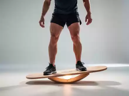 Eine Person in Sportkleidung steht auf einem Balance Board aus Holz, konzentriert sich auf das Gleichgewicht in einem hellen Studio. - Foto: über boerse-global.de