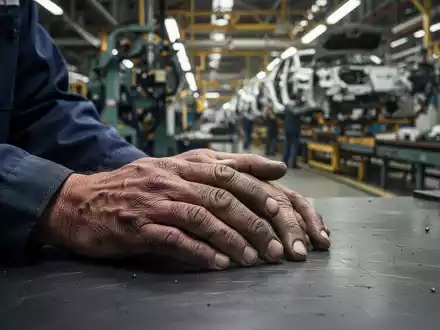 Nahaufnahme der Hände eines Fabrikarbeiters, die auf einer Werkbank ruhen, mit verschwommenen Industrieanlagen im Hintergrund. - Foto: über boerse-global.de