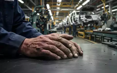 Nahaufnahme der Hände eines Fabrikarbeiters, die auf einer Werkbank ruhen, mit verschwommenen Industrieanlagen im Hintergrund. - Foto: über boerse-global.de