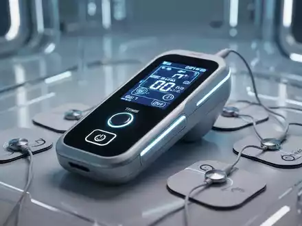 Ein modernes TENS/EMS-Gerät mit leuchtendem Display und Elektrodenpads auf sterilem, futuristischem Hintergrund. - Foto: über boerse-global.de
