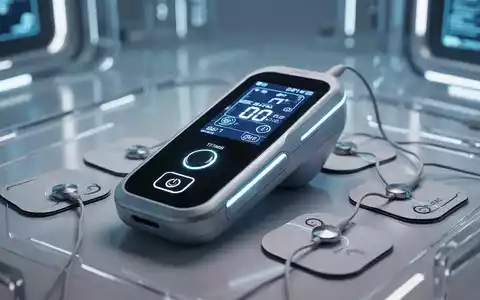 Ein modernes TENS/EMS-Gerät mit leuchtendem Display und Elektrodenpads auf sterilem, futuristischem Hintergrund. - Foto: über boerse-global.de