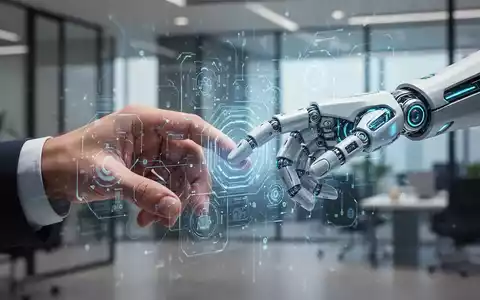 Eine menschliche Hand und eine Roboterhand arbeiten gemeinsam an einem leuchtenden digitalen Interface, symbolisierend Mensch-KI-Kollaboration. - Foto: über boerse-global.de