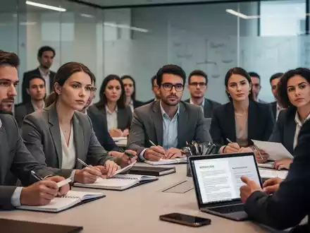 Eine Gruppe von Fachleuten nimmt an einem Seminar teil, konzentriert auf ihre Notizblöcke und Bildschirme, um sich weiterzubilden. - Foto: über boerse-global.de