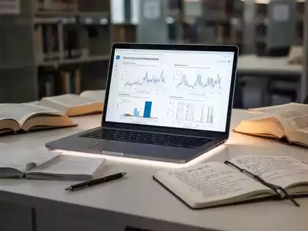 Ein minimalistischer Schreibtisch mit Laptop, geöffneten Büchern und Notizbuch, der eine fokussierte Lernumgebung darstellt. - Foto: über boerse-global.de