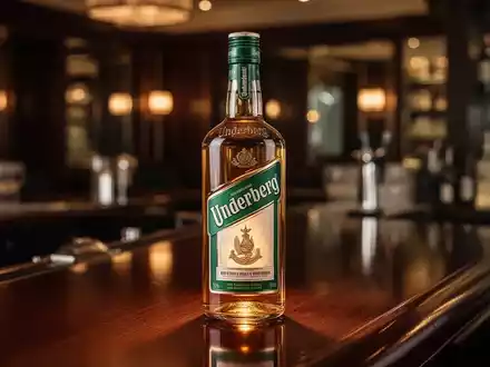Eine einzelne, beleuchtete Underberg-Flasche auf einer dunklen Holztheke in einem eleganten Barambiente. - Foto: über boerse-global.de