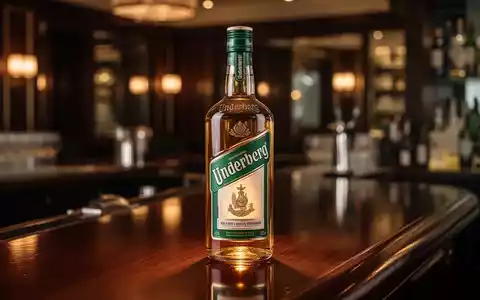 Eine einzelne, beleuchtete Underberg-Flasche auf einer dunklen Holztheke in einem eleganten Barambiente. - Foto: über boerse-global.de