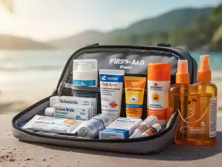 Eine geöffnete Reiseapotheke mit Medikamenten, Sonnencreme und Insektenschutzmittel vor einem verschwommenen sommerlichen Hintergrund. - Foto: über boerse-global.de