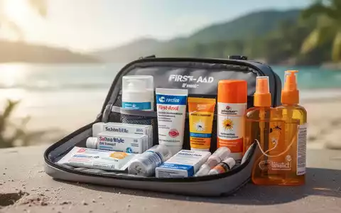Eine geöffnete Reiseapotheke mit Medikamenten, Sonnencreme und Insektenschutzmittel vor einem verschwommenen sommerlichen Hintergrund. - Foto: über boerse-global.de