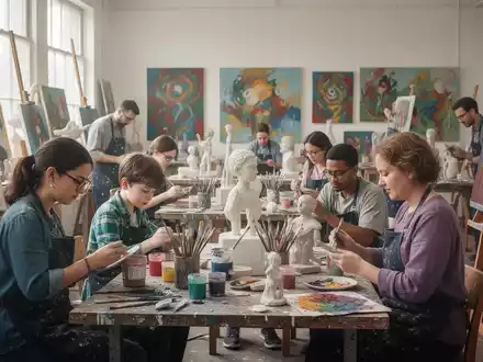 Menschen malen und basteln in einem hellen, offenen Kunstraum, der eine inklusive und kreative Atmosphäre schafft. - Foto: über boerse-global.de