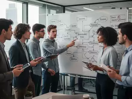 Junge Fachkräfte diskutieren Strategien an einem Whiteboard in einem modernen Büro. Sie zeigen auf Diagramme und Notizen. - Foto: über boerse-global.de