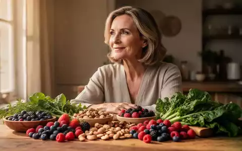 Eine lächelnde Frau mittleren Alters blickt nachdenklich, mit gesunden Lebensmitteln wie Beeren und Nüssen im Vordergrund. - Foto: über boerse-global.de